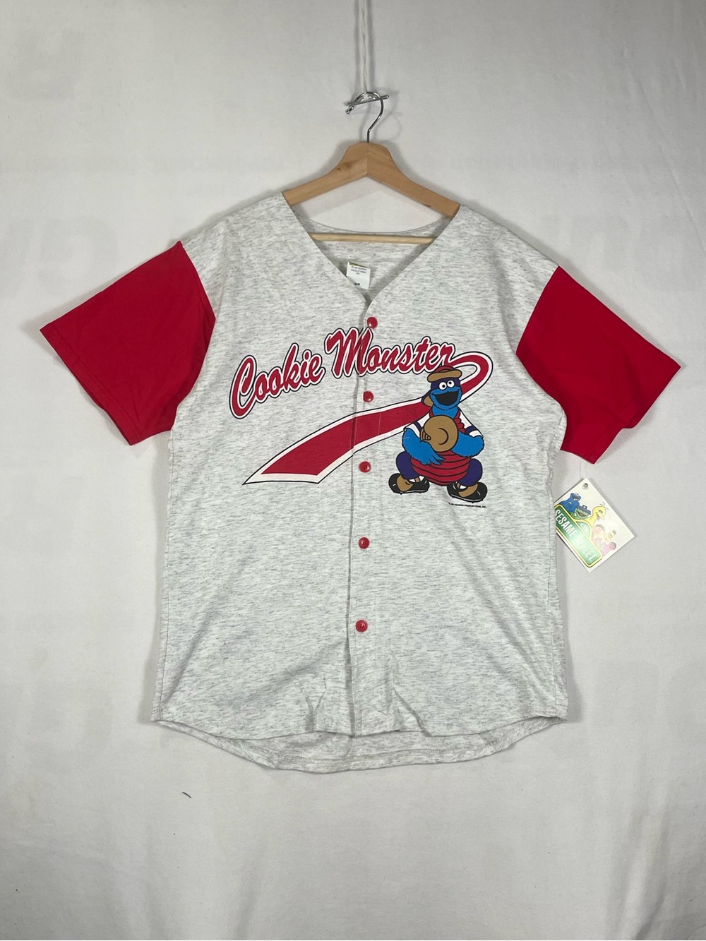 Vintage Sesame Street Cookie Monster Baseball Jersey Jim Henson Gray Red Sz M